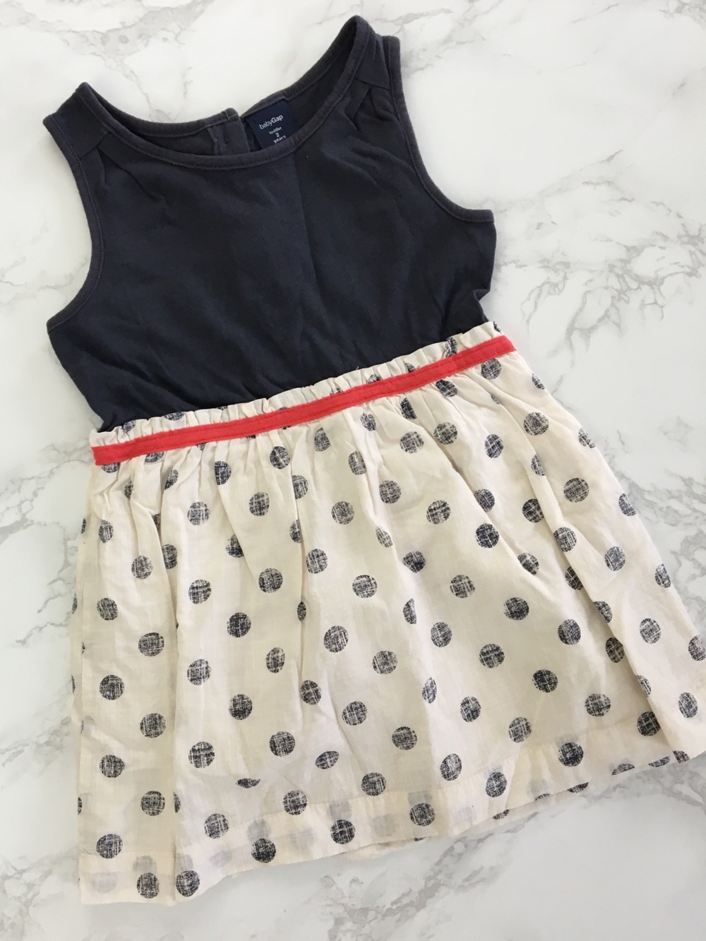 Baby GAP 2 Year Summer Tank Dress Navy & Cream Polka Dots and Red Trim